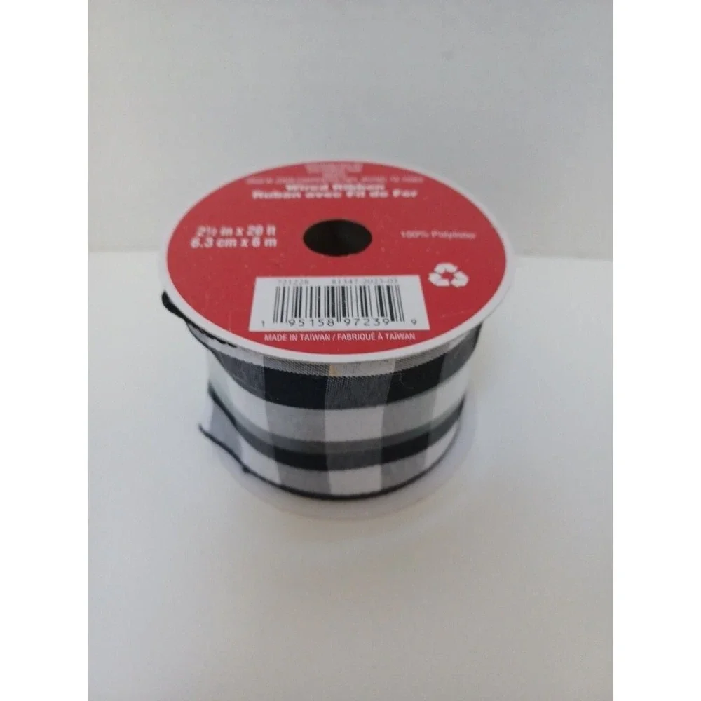 Celebrate It Wired Ribbon Black White‎ Check 2.5 inch 20 ft roll NEW